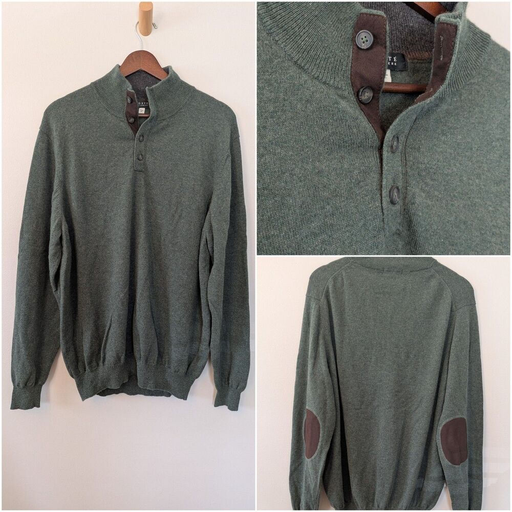 Forte Cashmere Mens Button Neck Sweater XL Faux Leather Trim Elbow Patch Preppy